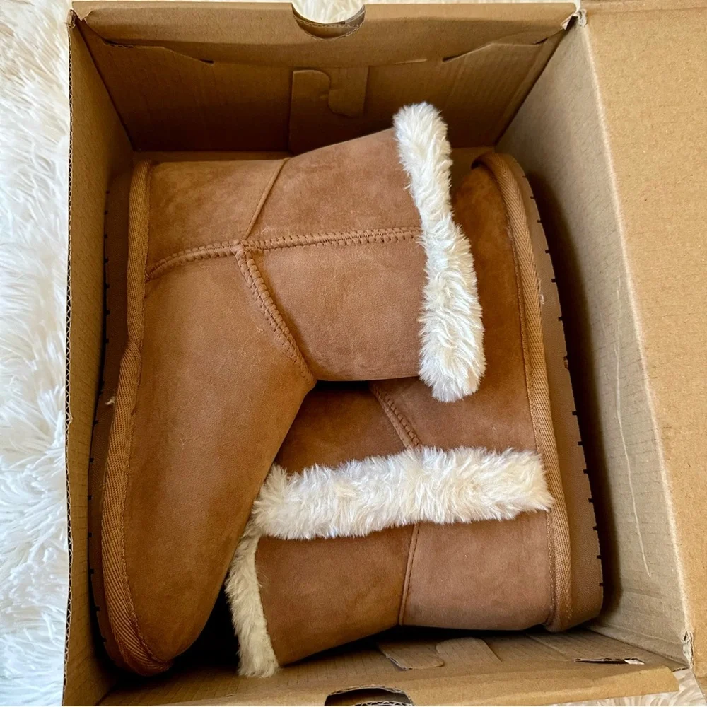 Sugar Polly Faux Suede Sherpa Winter Ankle Boots Chestnut Women’s Size 6 NWT